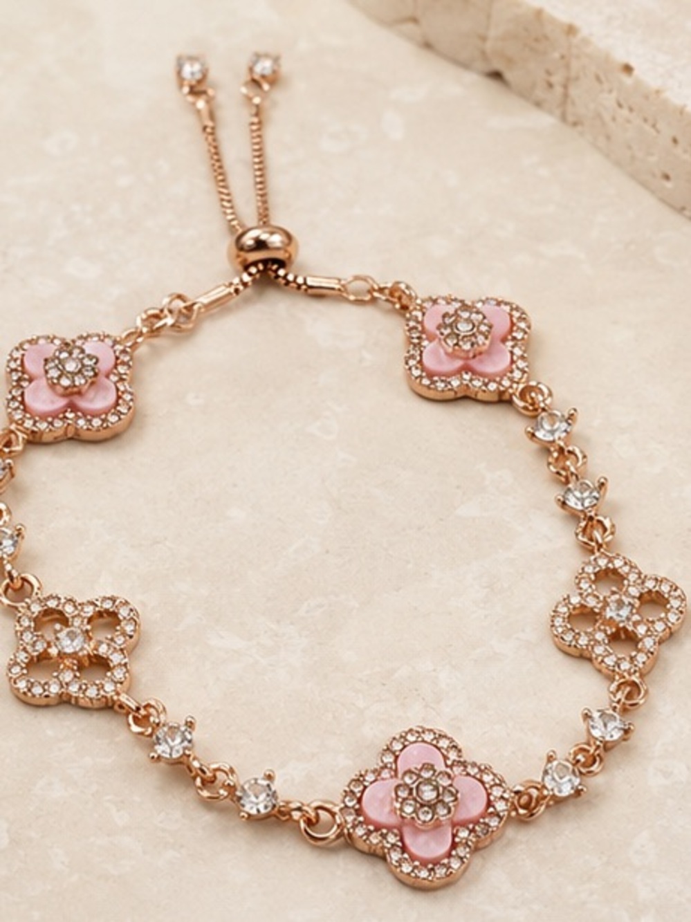 Luxe Gold Bracelet with Powder Pink Clover Charms
